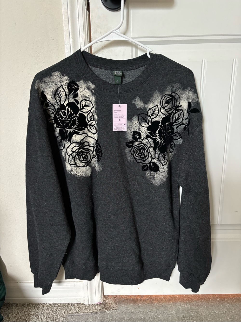 Wild Fable Dark Gray Crewneck Sweater with Black Floral Print